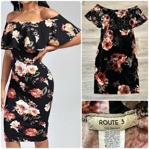 Route 3 Pretty Velvet Like Ruffled Off Shoulder Bodycon Midi Dress for Night Out